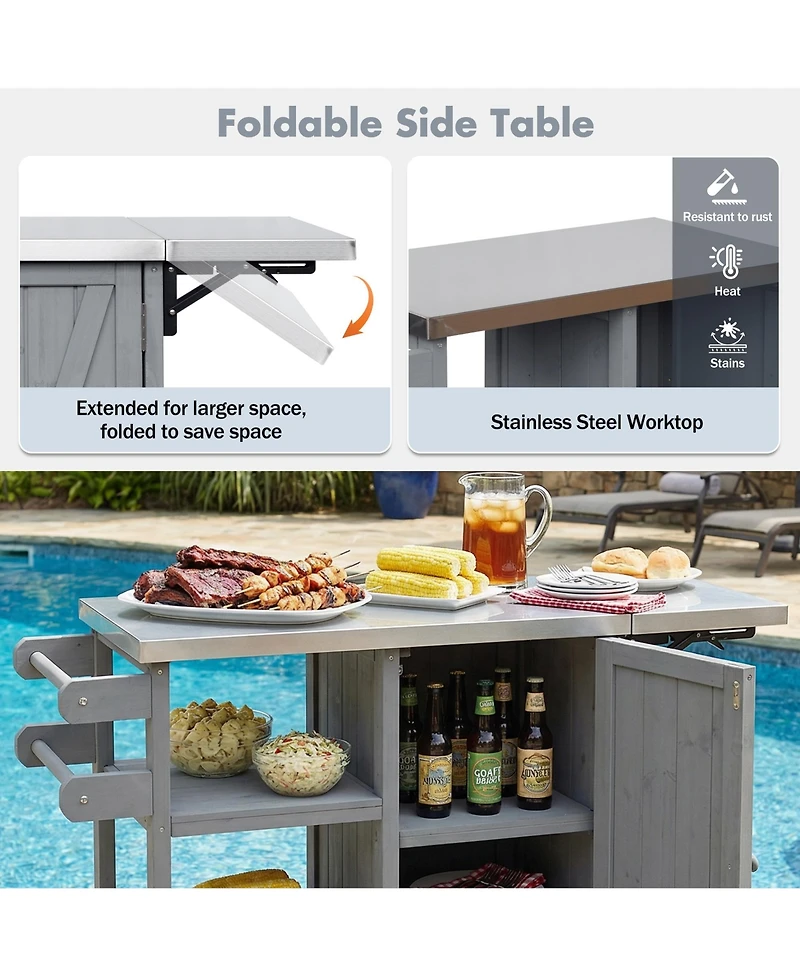 sumyeg Foldable Outdoor Kitchen Island Cart with Lockable Wheels, Storage Cabinet and Towel Rack
