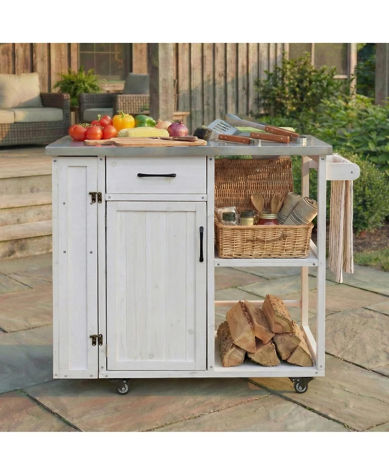 sumyeg Outdoor Kitchen Island Fir Wood Prep Station Cart with Stainless Top, Storage, Towel and Spice Racks