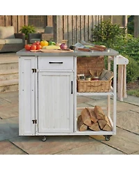 sumyeg Outdoor Kitchen Island Fir Wood Prep Station Cart with Stainless Top, Storage, Towel and Spice Racks