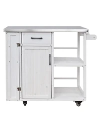 sumyeg Outdoor Kitchen Island Fir Wood Prep Station Cart with Stainless Top, Storage, Towel and Spice Racks