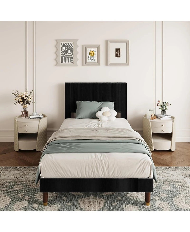 gaomon Twin Upholstered Bed Frame with Headboard, Corduroy Platform with Wood Slats
