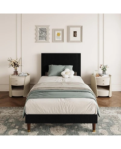 gaomon Twin Upholstered Bed Frame with Headboard, Corduroy Platform with Wood Slats