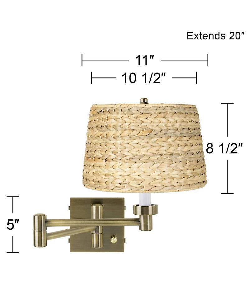 Barnes and Ivy Modern Swing Arm Wall Lamp Plug-In Light Fixture Woven Seagrass Drum Shade Bedroom Bedside Reading