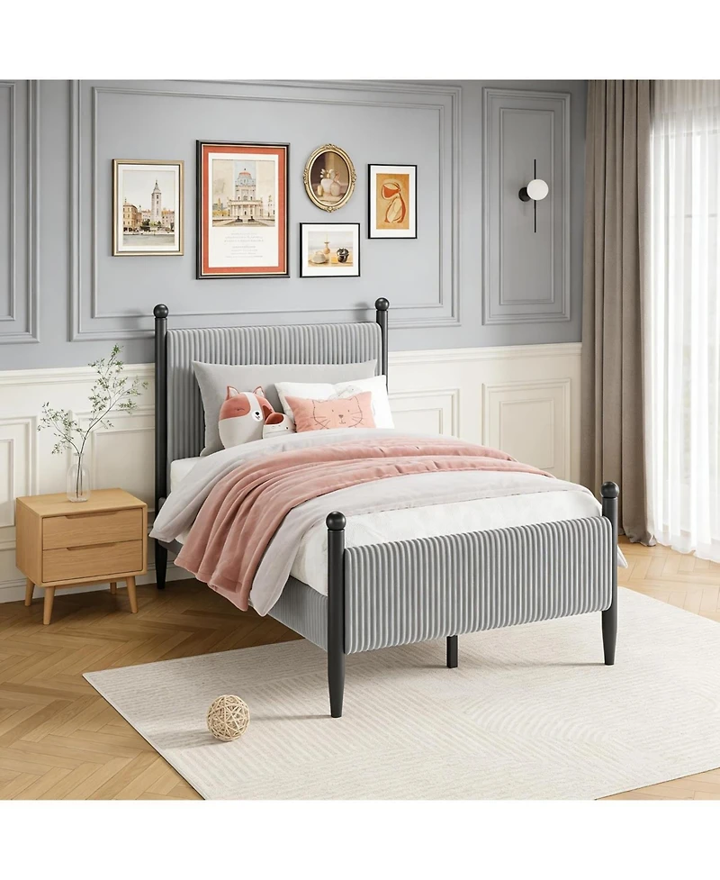 gaomon Twin Upholstered Bed Frame with Velvet Headboard, Corduroy Platform, Wood Slats Support