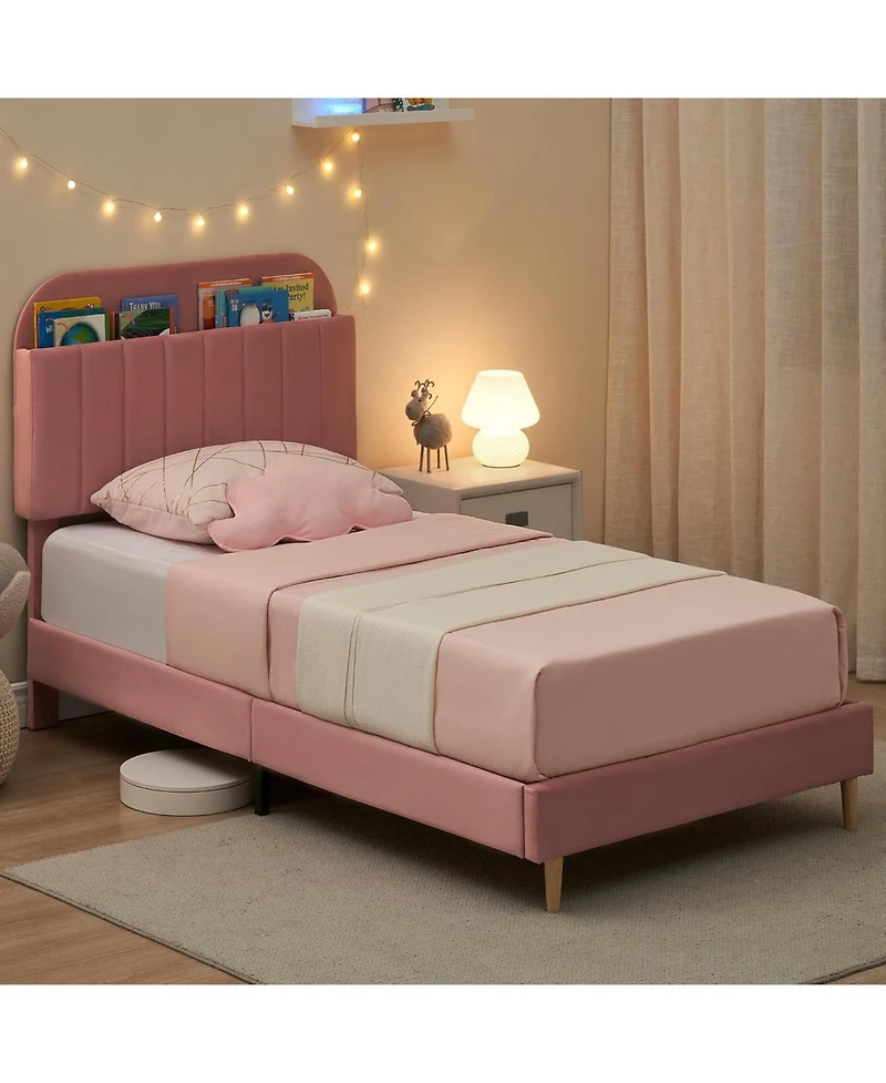 gaomon Set of 2 Twin Upholstered Bed Frames with Bookcase Headboard, Velvet Platform Design