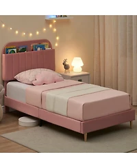 gaomon Set of 2 Twin Upholstered Bed Frames with Bookcase Headboard, Velvet Platform Design