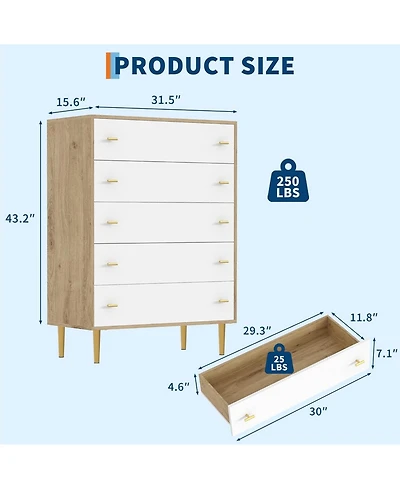 gaomon 44" Tall 5-Drawer Dresser, Vintage Design with Bar Handles