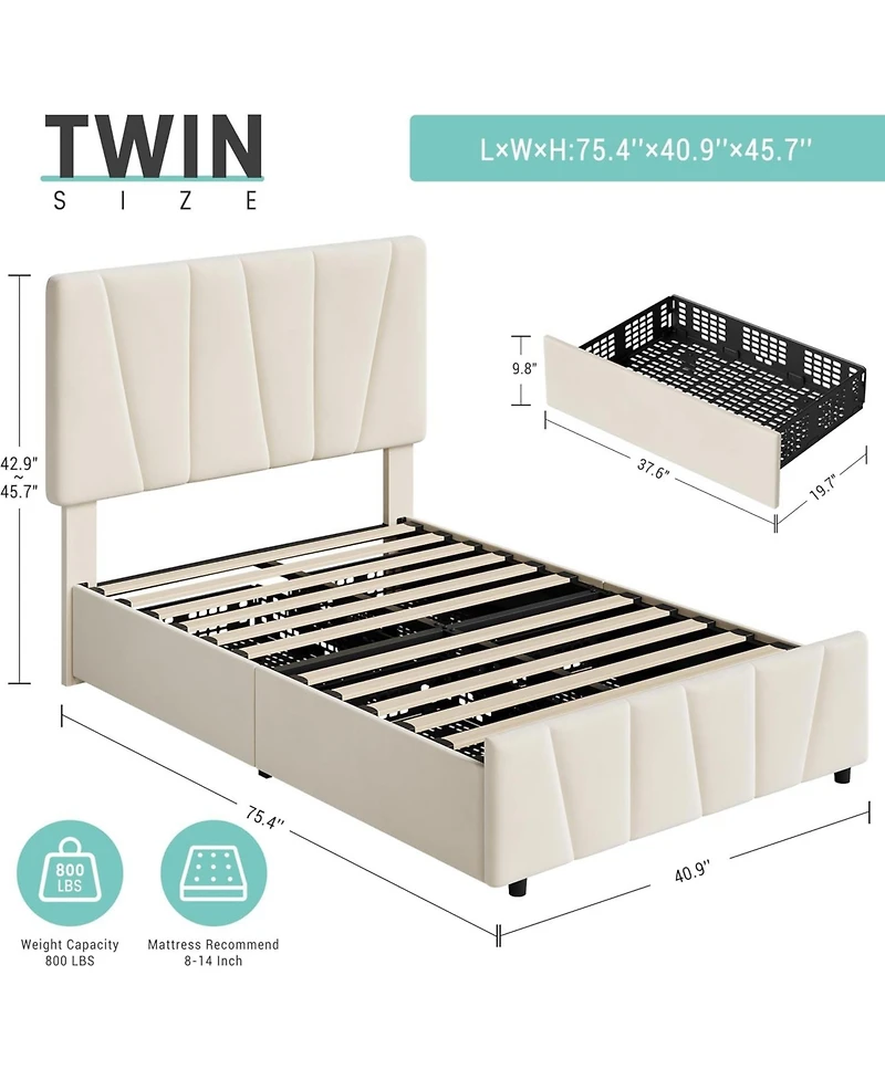 gaomon Twin Upholstered Bed Frame with Adjustable Headboard and 2 Drawers, Velvet Tufted Platform