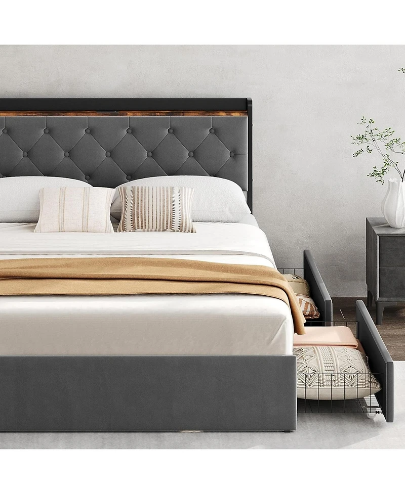 gaomon Queen Storage Bed Frame with Velvet Headboard, 4 Drawers and Usb Charging Station