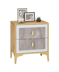 Gouun Marble-Motif Nightstand with 2 Pull-Out Drawers and Metal Legs