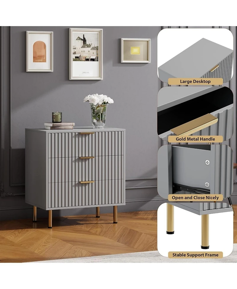 gaomon 3-Drawer Fluted Dresser, Modern Nightstand with Metal Handles & Deep Drawers