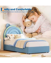 gaomon Twin Velvet Bed Frame with Bear Headboard, Led Lights and 2 Drawers, Upholstered Platform