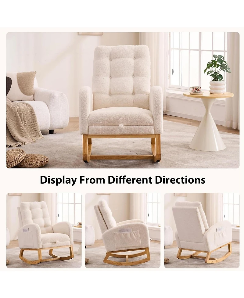 Rainsken Plush Accent Rocking Chair, Teddy Upholstered Recliner Chair with Side Pocket and Retractable Footstool for Living Room, Balcony