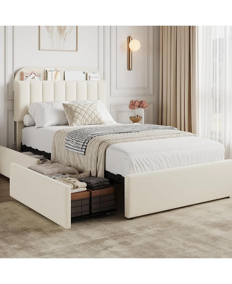 gaomon Twin Boucle Bed Frame with Storage Headboard and 2 Drawers, Upholstered Platform