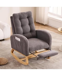 Rainsken Teddy Fleece Plush Rocking Accent Chair, Ergonomic Recliner with Side Storage Pocket and Retractable Footrest for Living Room, Balcony