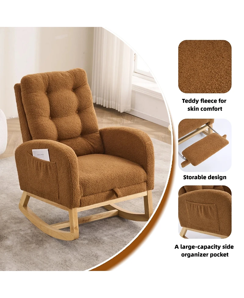 Rainsken Teddy Upholstered Recliner Rocking Chair, Soft Plush Accent Chair with Side Pocket and Retractable Footstool for Living Room, Balcony
