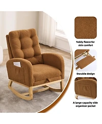 Rainsken Teddy Upholstered Recliner Rocking Chair, Soft Plush Accent Chair with Side Pocket and Retractable Footstool for Living Room, Balcony