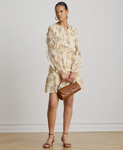 Lauren Ralph Women's Band Collar Floral Ruffle-Trim Tiered Dress