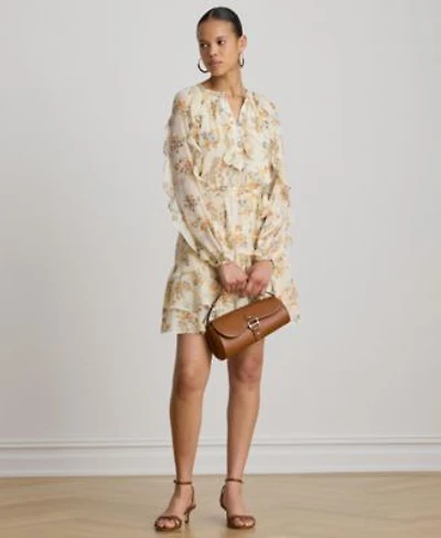 Lauren Ralph Lauren Womens Band Collar Floral Ruffle Trim Tiered Dress