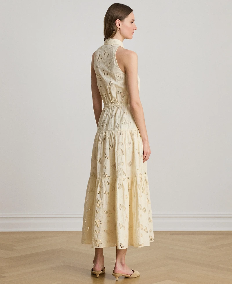 Lauren Ralph Women's Spread Collar Floral-Eyelet Voile Tiered Shirt Dress