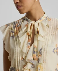 Lauren Ralph Women's Floral Pintucked Band Collar Tie-Neck Blouse