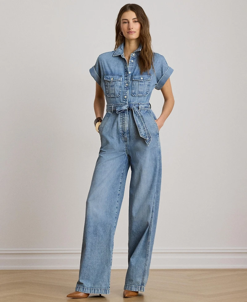 Lauren Ralph Women's Spread Collar Belted Denim Wide-Leg Jumpsuit