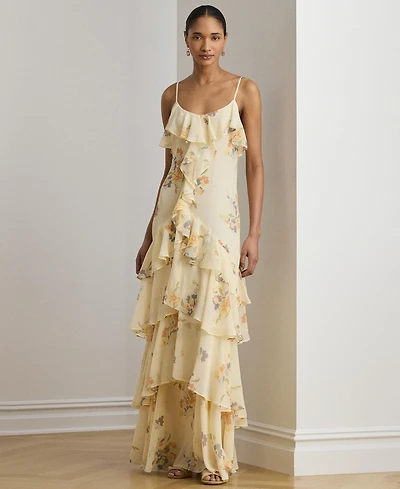Lauren Ralph Floral Ruffle-Trim Georgette Gown