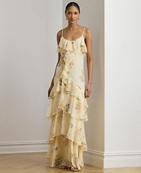 Lauren Ralph Floral Ruffle-Trim Georgette Gown