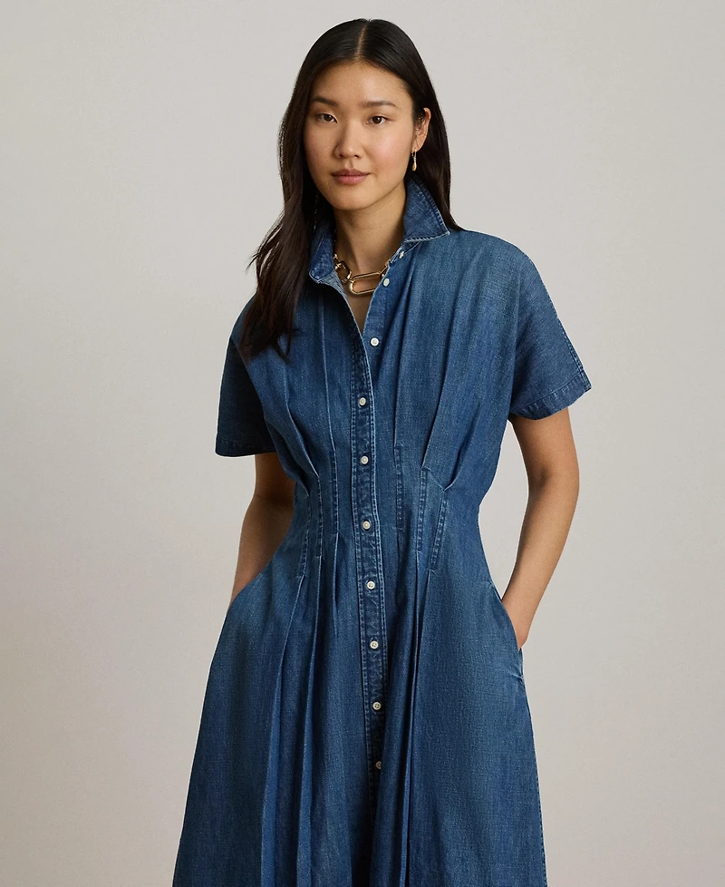 Lauren Ralph Women's Point Collar Pleated Denim Shirt Dress