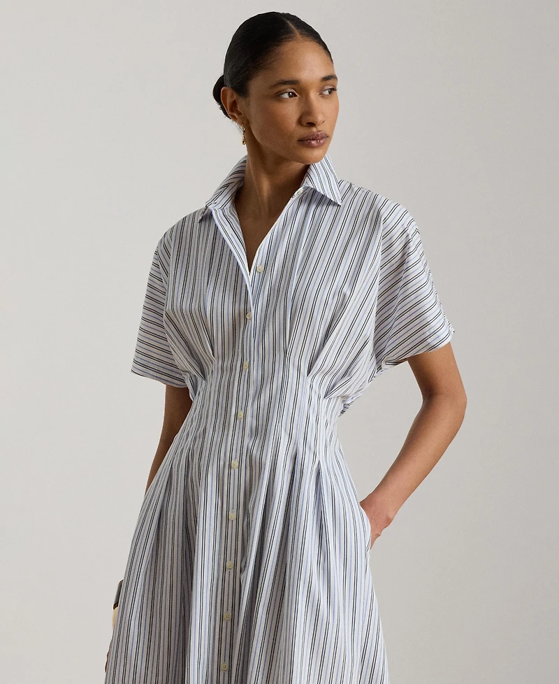 Lauren Ralph Women's Point Collar Striped Pleated Broadcloth Shirt Dress