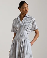 Lauren Ralph Women's Point Collar Striped Pleated Broadcloth Shirt Dress
