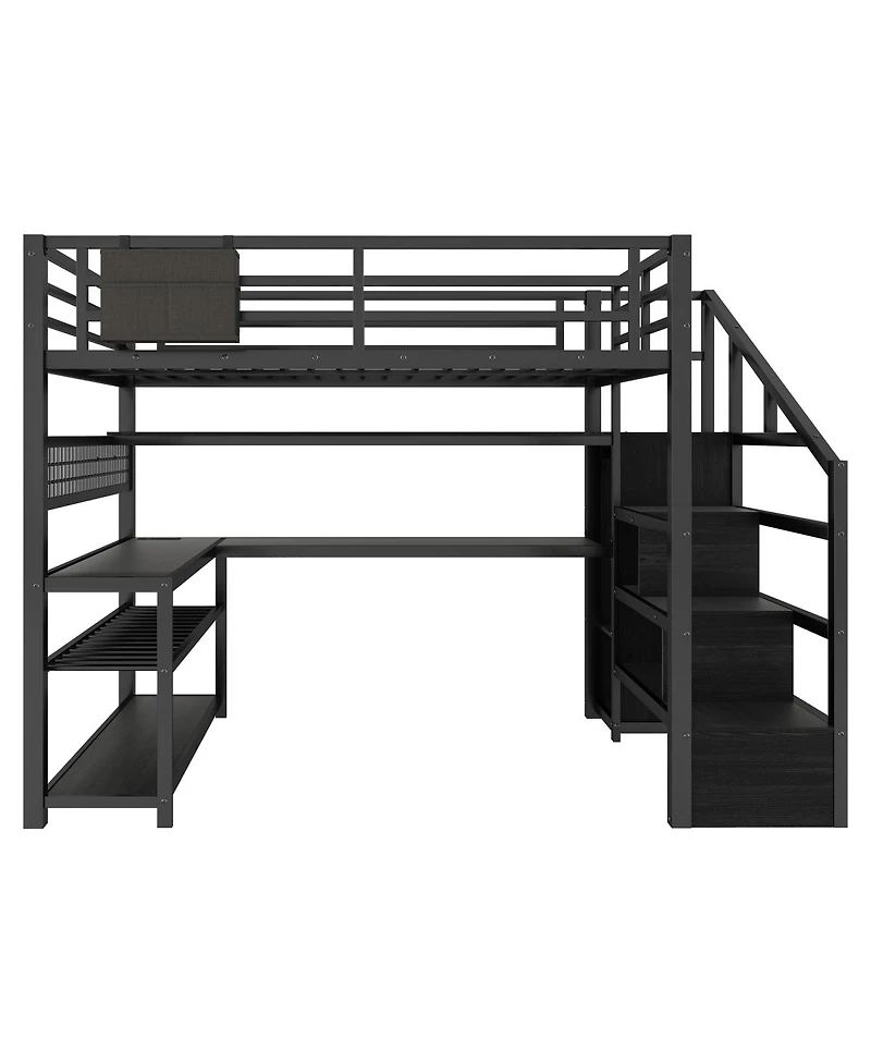 Streamdale Furniture Metal Loft Bed With Stairs, Desk, Storage, Lights