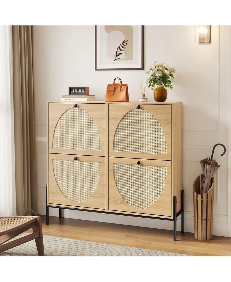 Streamdale Furniture Rattan Shoe Cabinet, 4-Door Flip, Narrow Entry Storage