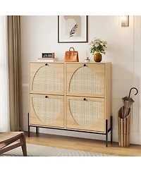 Streamdale Furniture Rattan Shoe Cabinet, 4-Door Flip, Narrow Entry Storage