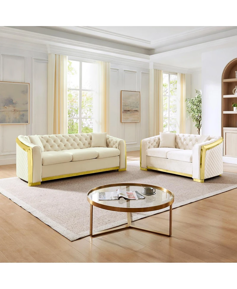Streamdale Furniture Velvet Tufted Luxury Sofa with Gold Steel Trim