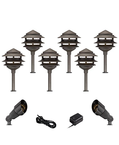 John Timberland Pagoda 17 High Modern 10-Piece Outdoor Landscape Path and Spotlight Set Porch Led Bulb Bronze Finish