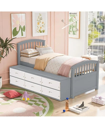 Streamdale Furniture Twin Size Platform Storage Bed Solid Wood Bed with 6 Drawers