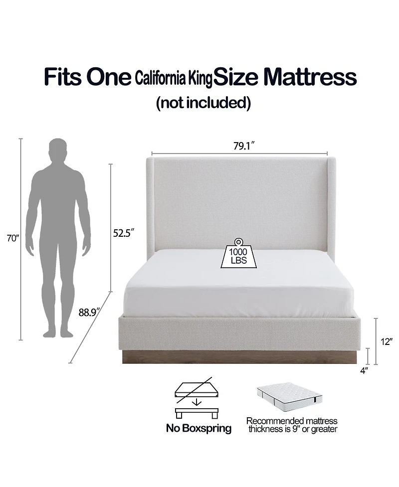 Streamdale Furniture Oat Boucle Wingback Platform Bed, Cal King, No Box Spring
