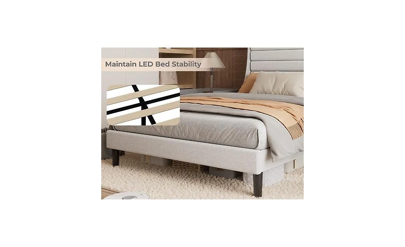 gaomon Led Bed Frame with Charging Station, Wooden Platform Upholstered Headboard and Slat Support, No Noise