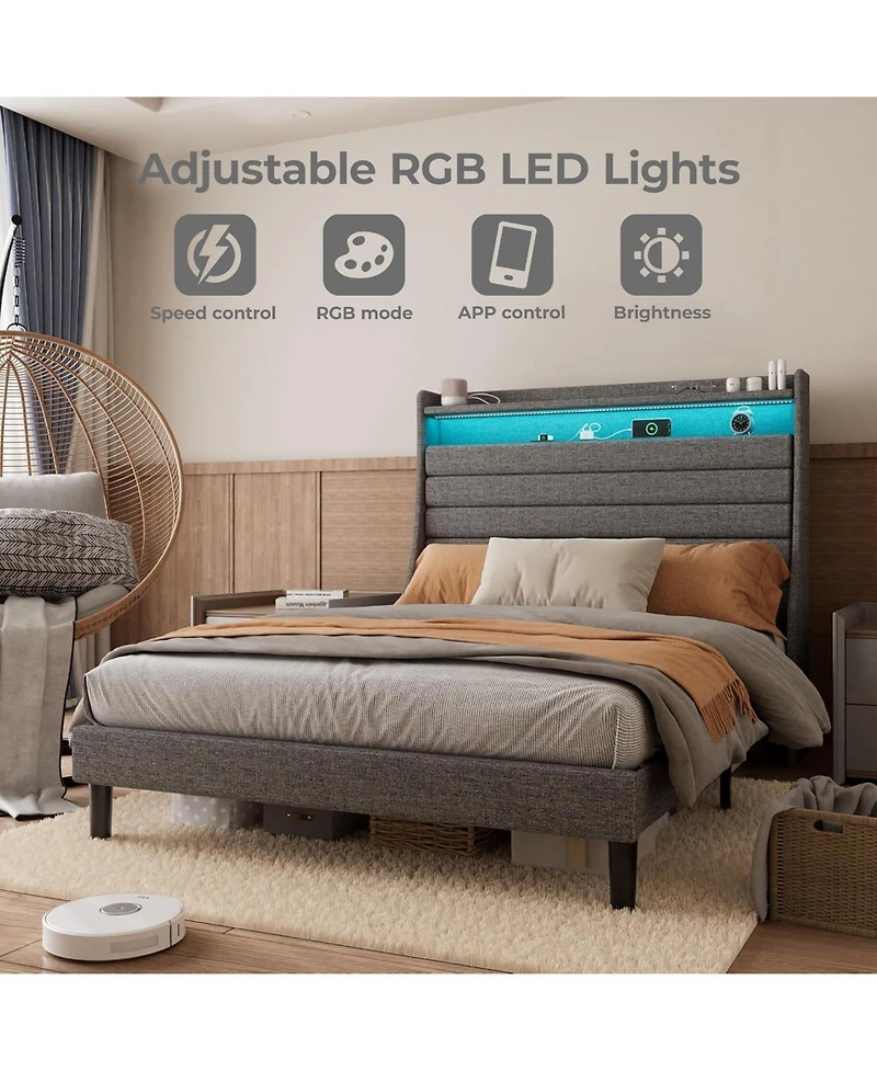gaomon Led Bed Frame with Charging Station, Wooden Platform Upholstered Headboard and Slat Support, No Noise
