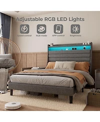 gaomon Led Bed Frame with Charging Station, Wooden Platform Upholstered Headboard and Slat Support, No Noise