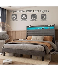 gaomon Led Bed Frame with Charging Station, Wooden Platform Upholstered Headboard and Slat Support, No Noise