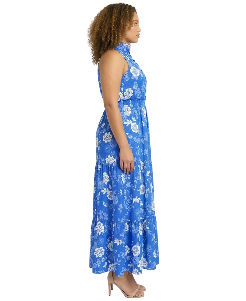 London Times Plus Ruffle Neck Printed Maxi Dress