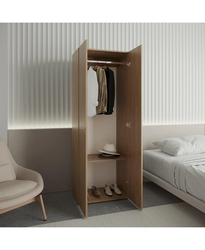 Flynama Home 2 Doors Closet System Armoire Hanging Rod Storage Shelf Oak Modern Bedroom Organization Storage 66.9inch High