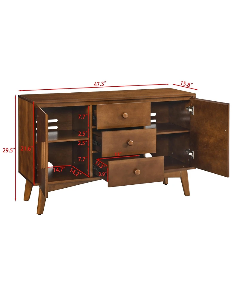 Rainsken Buffet Cabinet, 47.3" Mid Century Modern Sideboard with 2 Doors and 3 Drawers, Accent Console Table for Kitchen, Living Room