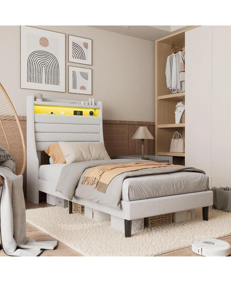 gaomon Led Bed Frame with Charging Station, Wooden Platform Upholstered Headboard and Slat Support, No Noise, Box