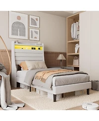 gaomon Led Bed Frame with Charging Station, Wooden Platform Upholstered Headboard and Slat Support, No Noise, Box