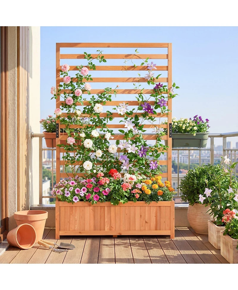 Gymax Wooden Raised Garden Bed with Vertical Trellis Liner Drainage