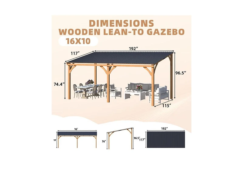 Aecojoy 16' x 10' Outdoor Wooden Gazebo, Patio Lean to Hardtop Pergolas and Gazebos