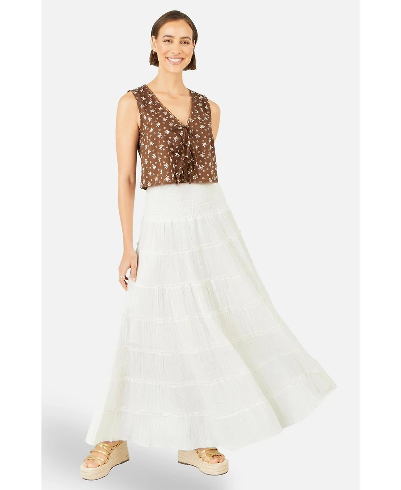 Yumi Women's Double Cotton Tiered Boho Maxi Skirt